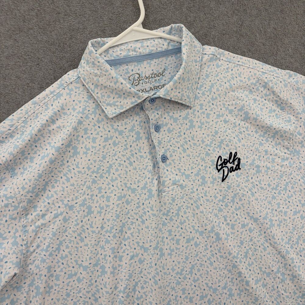 Barstool Golf Polo Shirt Mens 2XL Blue Golf Dad Floral Performance Stretch